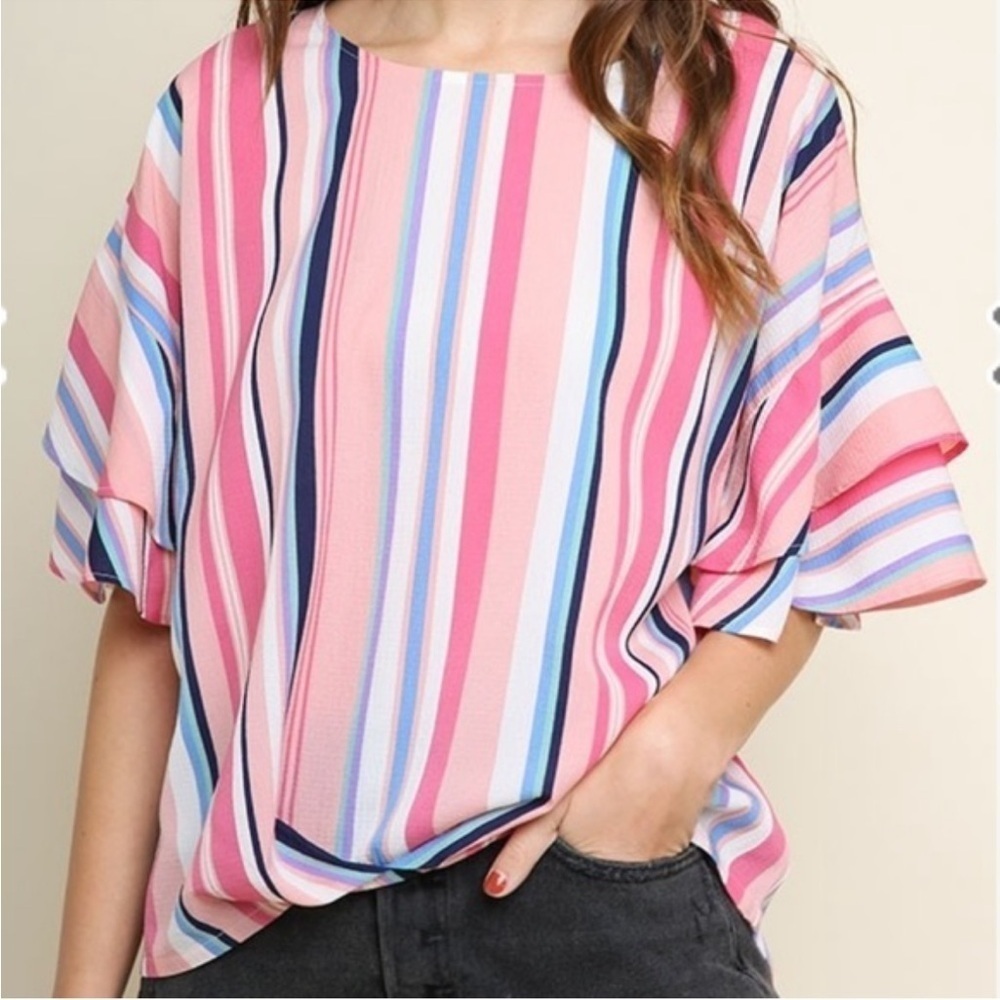 Umgee Pink Striped Round Neck Blouse